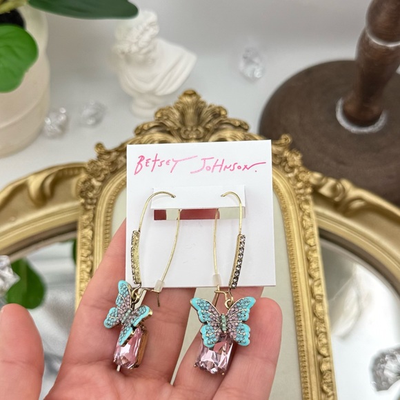 Betsey Johnson Pink Crystal Butterfly Drop Earrings - Picture 4 of 6